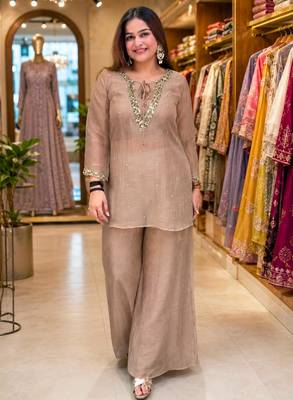 Beige silk blend embroidered palazzo set 2