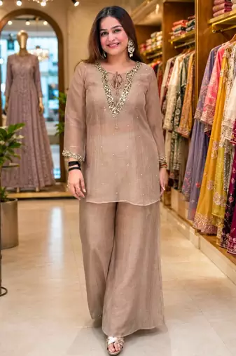 Beige silk blend embroidered palazzo set