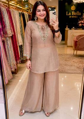 Beige silk blend embroidered palazzo set 3