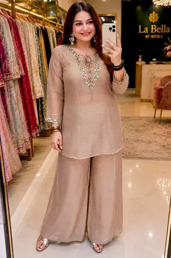 Beige silk blend embroidered palazzo set