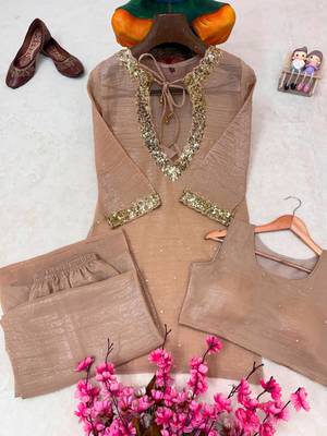 Beige silk blend embroidered palazzo set 4