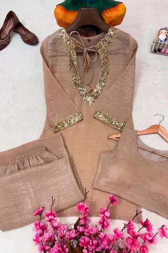 Beige silk blend embroidered palazzo set