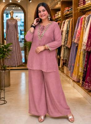 Onion-pink silk blend embroidered palazzo set 1