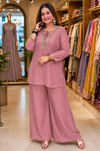 Onion-pink silk blend embroidered palazzo set