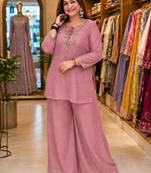 Onion-pink silk blend embroidered palazzo set