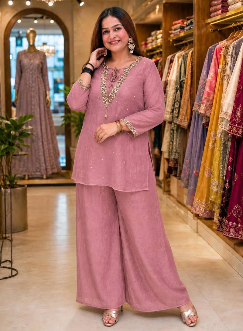 Onion-pink silk blend embroidered palazzo set
