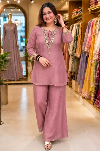 Onion-pink silk blend embroidered palazzo set
