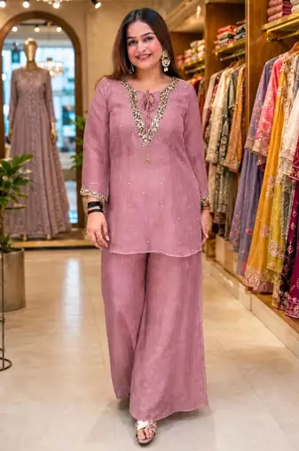 Onion-pink silk blend embroidered palazzo set