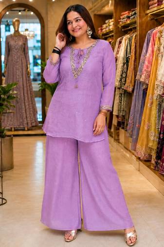 Lavender silk blend embroidered palazzo set