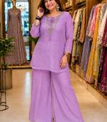Lavender silk blend embroidered palazzo set
