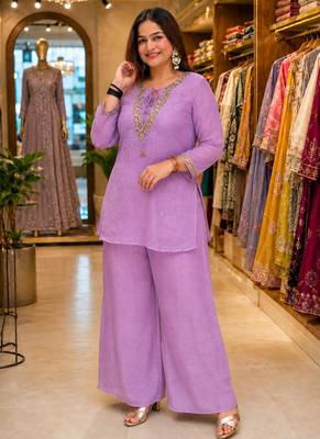 Lavender silk blend embroidered palazzo set 2