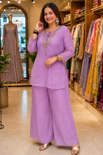 Lavender silk blend embroidered palazzo set