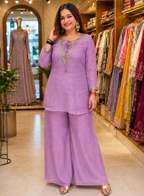 Lavender silk blend embroidered palazzo set 3