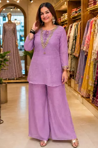 Lavender silk blend embroidered palazzo set