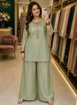 Light-green silk blend embroidered palazzo set 1