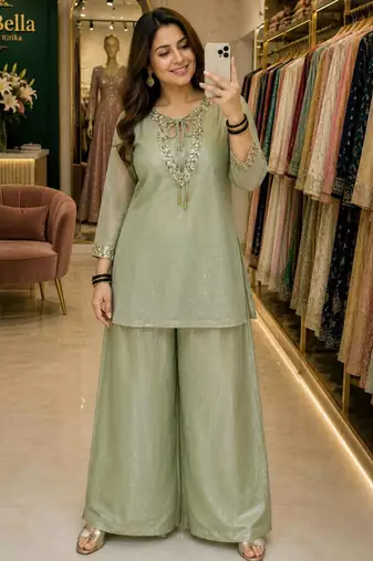 Light-green silk blend embroidered palazzo set