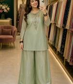 Light-green silk blend embroidered palazzo set