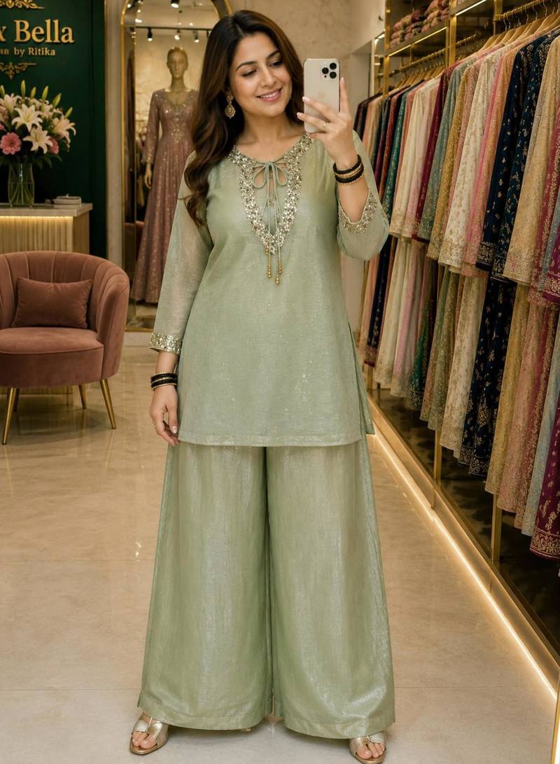 Light-green silk blend embroidered palazzo set