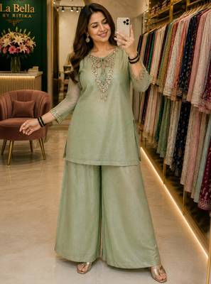 Light-green silk blend embroidered palazzo set 2