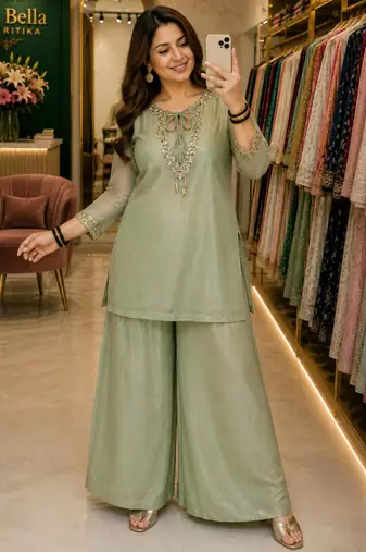 Light-green silk blend embroidered palazzo set