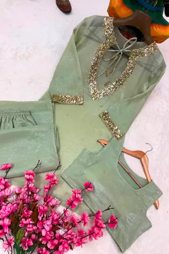 Light-green silk blend embroidered palazzo set