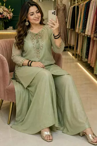 Light-green silk blend embroidered palazzo set
