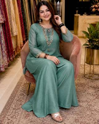 Sea-green silk blend embroidered palazzo set 1