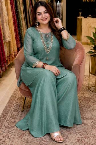 Sea-green silk blend embroidered palazzo set