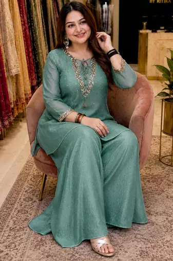Sea-green silk blend embroidered palazzo set
