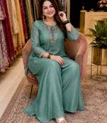 Sea-green silk blend embroidered palazzo set