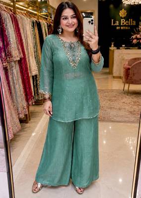 Sea-green silk blend embroidered palazzo set 2