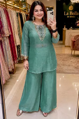 Sea-green silk blend embroidered palazzo set