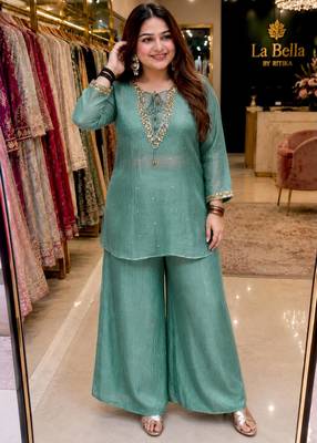 Sea-green silk blend embroidered palazzo set 3