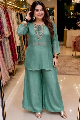 Sea-green silk blend embroidered palazzo set