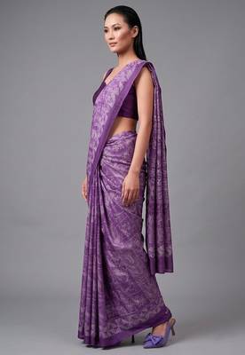 Purple printed satin saree with blouse 3