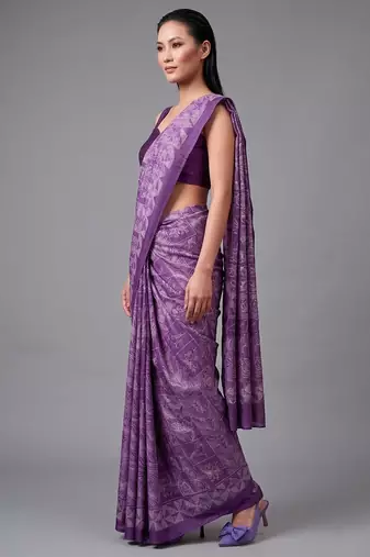 Purple printed satin saree with blouse