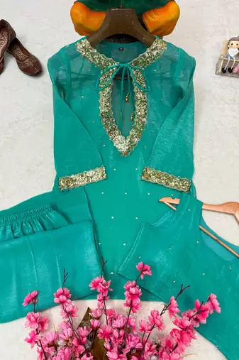 Sea-green silk blend embroidered palazzo set