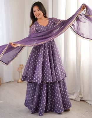 Purple silk blend woven anarkali set 1