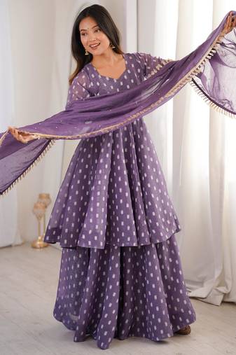 Purple silk blend woven anarkali set