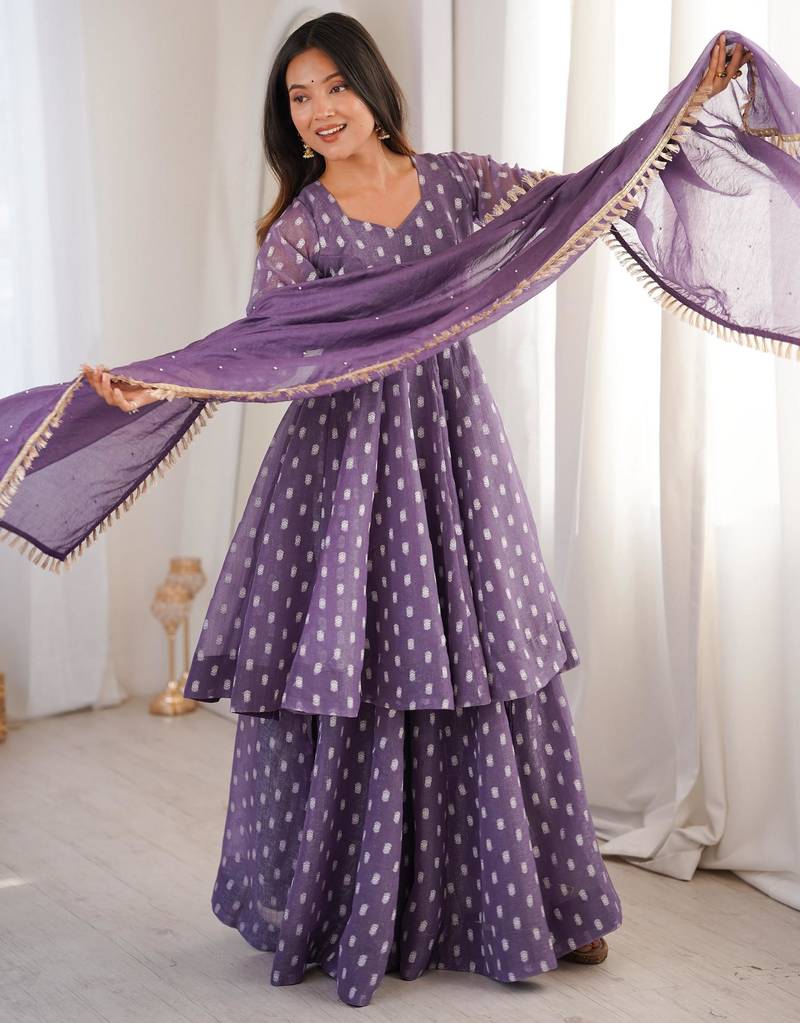 Purple silk blend woven anarkali set