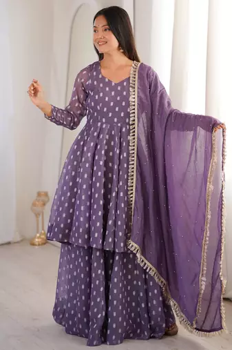 Purple silk blend woven anarkali set