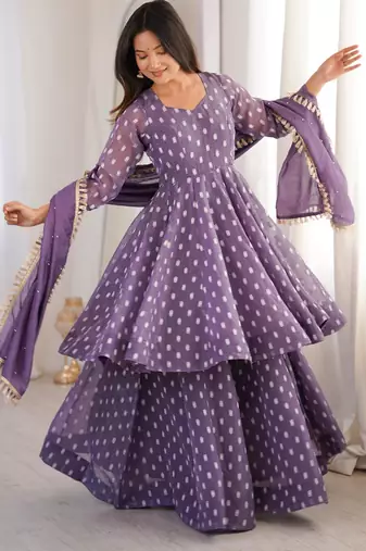 Purple silk blend woven anarkali set