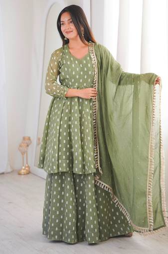 Green silk blend embroidered anarkali set