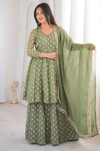 Green silk blend embroidered anarkali set