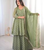 Green silk blend embroidered anarkali set