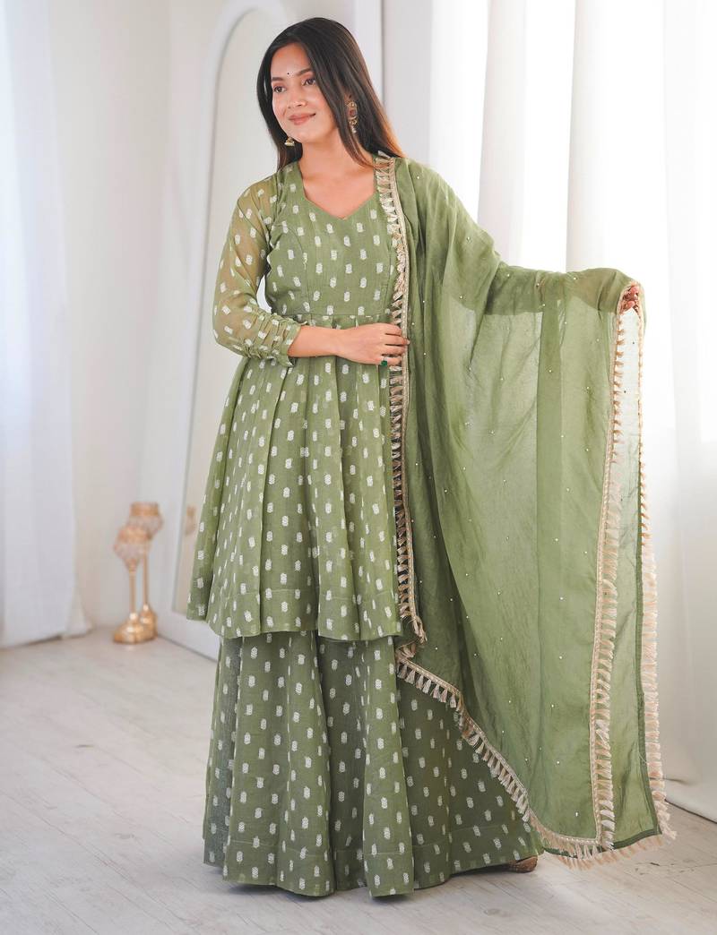 Green silk blend embroidered anarkali set