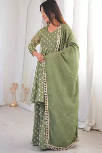 Green silk blend embroidered anarkali set