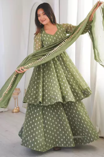 Green silk blend embroidered anarkali set