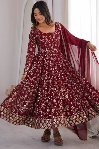 Maroon faux georgette embroidered flared gown set