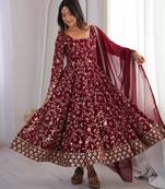 Maroon faux georgette embroidered flared gown set